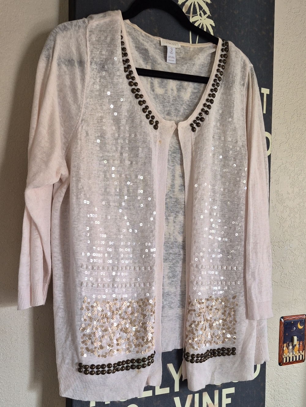 Chico's Cream Sequin & Stud Open Cardigan 3 XL/16